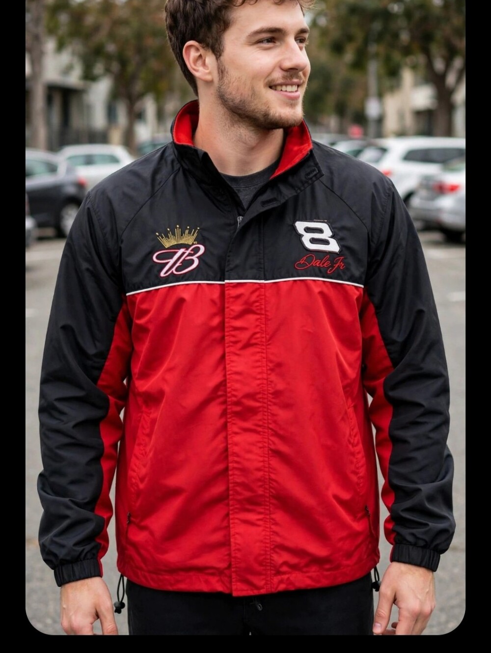 Red and Black Windbreaker Jacket with Embroidered Patches